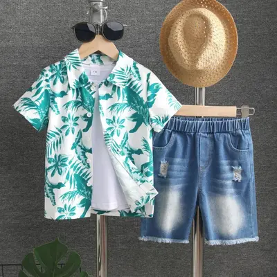PatPat 2pcs Kids Boy Casual Tropical Plants and Floral Lapel Set