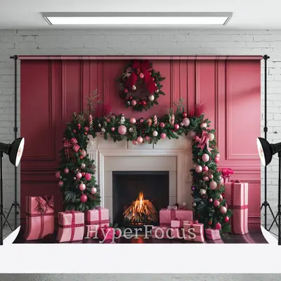 Pink Vintage Wall Fireplace Wreath Christmas Backdrop - Aperturee