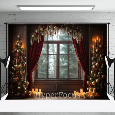 Dark Retro Room Candlelight Window Christmas Backdrop - Aperturee
