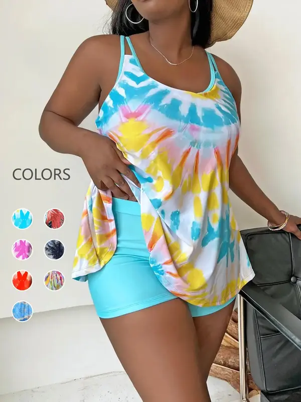 【Plus Size】 Tie Dye Print Cami Top & Shorts Summer Tankinis Set, Summer Clothes, Casual Sleeveless Spaghetti Strap Top &...