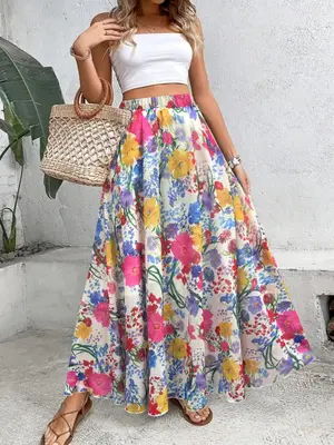 Women's Floral Print A Line Skirt, Boho Fashion Casual Long Skirt for Daily Holiday Vacation Wear, Ladies Bottoms for All Sea...