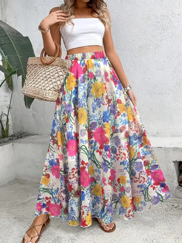 Women's Floral Print A Line Skirt, Boho Fashion Casual Long Skirt for Daily Holiday Vacation Wear, Ladies Bottoms for All Sea...