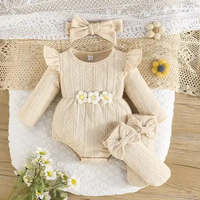 Newborn Baby Girl Outfit Long Sleeve Crew Neck Flower Romper with Headband Socks Fall Clothes 0-18 Months