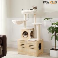 PAWZ Road Cat Tree Modern Cat Tower 50-Inch Wood Cat Condo with Large Hammock Top Perch for Large/Fat Cats, Rustic Brown Beig...
