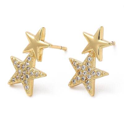 Rack Plating Brass Star Stud Earrings with Cubic Zirconia
