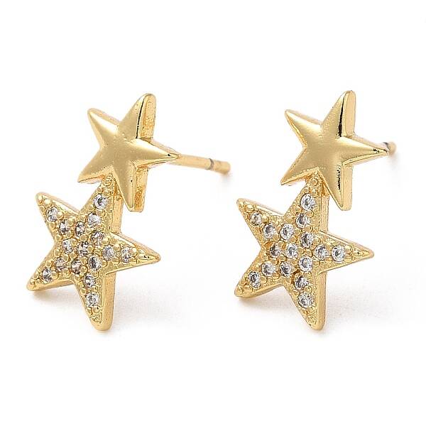 Rack Plating Brass Star Stud Earrings with Cubic Zirconia