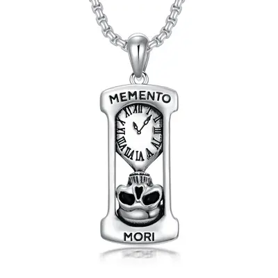 Sterling Silver Hourglass & Skull Pendant Necklace with Engraved Word