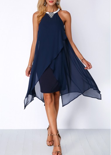 Modlily Royal Blue Embellished Neck Sleeveless Layered Handkerchief Asymmetrical Hem Chiffon Party Dress - XL