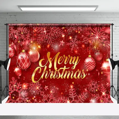 Red Snowflake Balls Snow Merry Christmas Backdrop - Aperturee