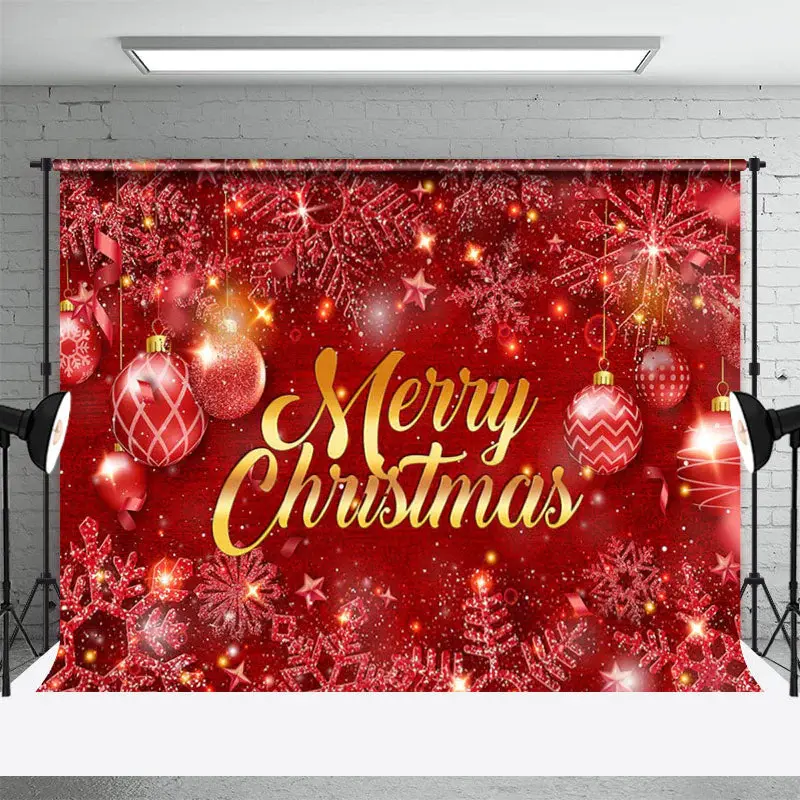 Red Snowflake Balls Snow Merry Christmas Backdrop - Aperturee
