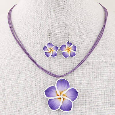 Flower Polymer Clay with Wax Cord Pendant Necklaces & Dangle Earrings Sets
