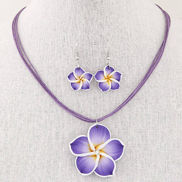 Flower Polymer Clay with Wax Cord Pendant Necklaces & Dangle Earrings Sets