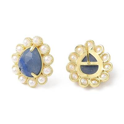 Ion Plating(IP) Dyed & Heated Natural Blue Aventurine Teardrop Stud Earrings with Plastic Pearl Beaded