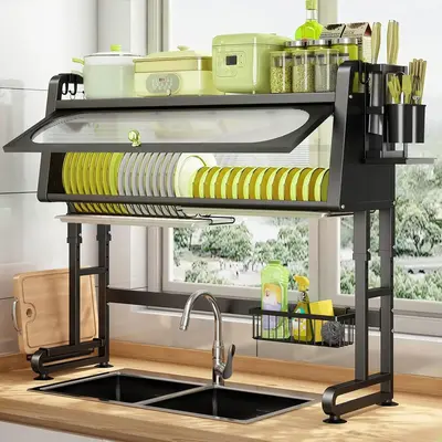 Dish Drying Rack, Over The Sink Metal Dish Drainer Drying Rack Over The Counter Adjustable Dish Rack 3 Tier Large Kitchen Sin...