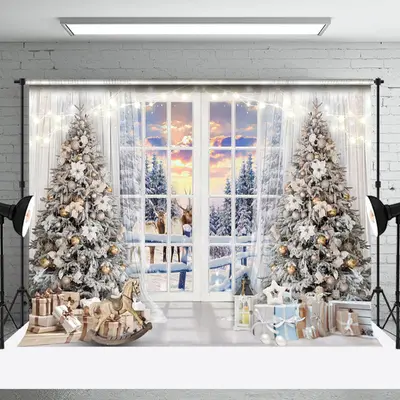Aperturee White Window Sunset Tree Elk Snow Christmas Backdrop