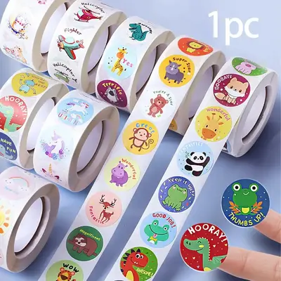 Room Decor Cartoon Animal Pattern Sticker, 500pcs/roll Cute Round Animal Reward Sticker For Kids, Cute Sticker For DIY Scrapb...