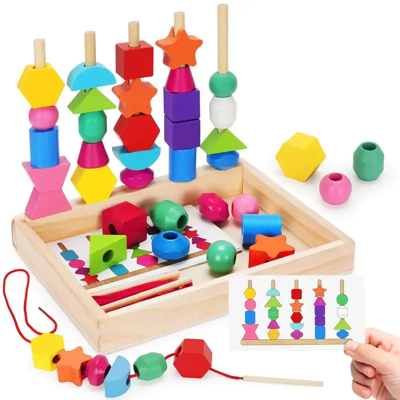 Montessori Wooden Lacing Beads Toys for Toddlers, Sequencing & Stacking Blocks with Storage Box, Stem Learning Gift for Boys ...
