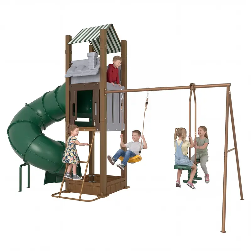 Garvee All-in-1 Backyard Swing Set with Turbo Tube Slide for Kids 3-10, Heavy-Duty Galvanized Steel Outdoor Playset with Clim...