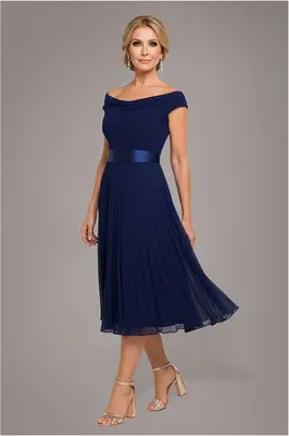 Goddiva Cowl Neck Pleated A-Line Chiffon Midi Dress - Navy Blue