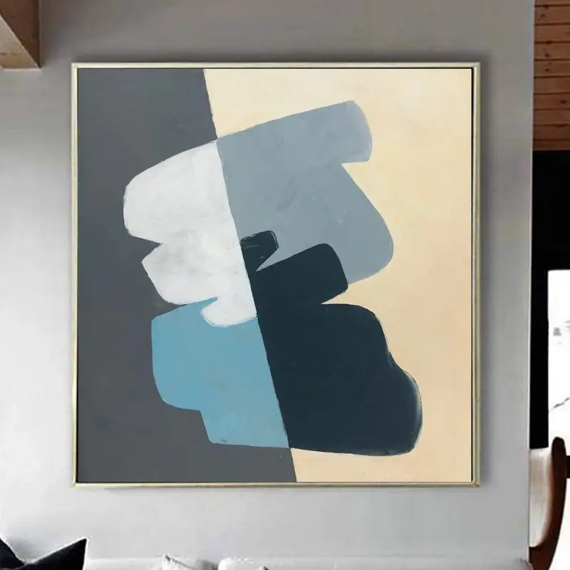 Abstract Minimalist Painting On Canvas in Beige, Blue And White Colors Modern Pastel Painting Geometric Fine Art Textured Wal...