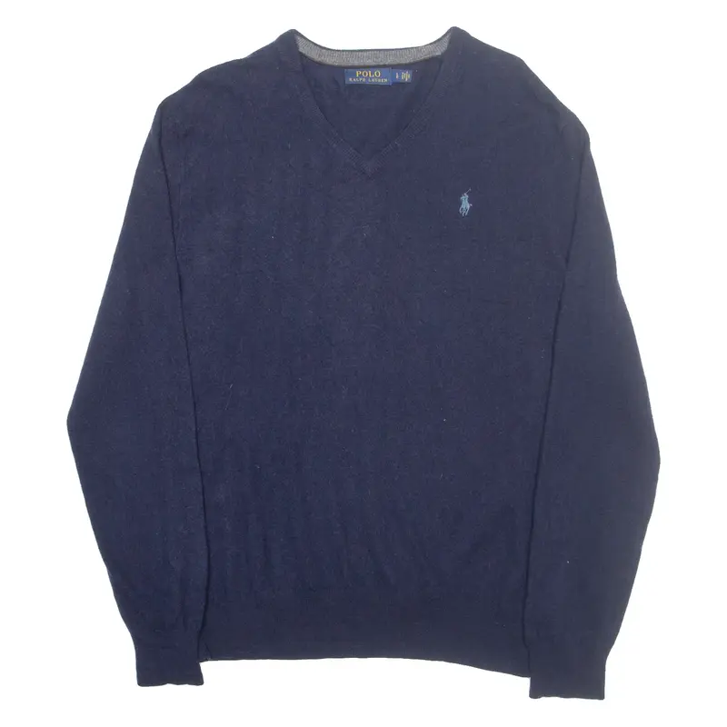 POLO RALPH LAUREN Womens Jumper Blue V-Neck Tight Knit Wool L