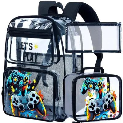 3PCS Kids Clear Backpack, Boys Transparent Bookbag Heavy Duty, Black Game See Through School Bag for Elementary Preschool