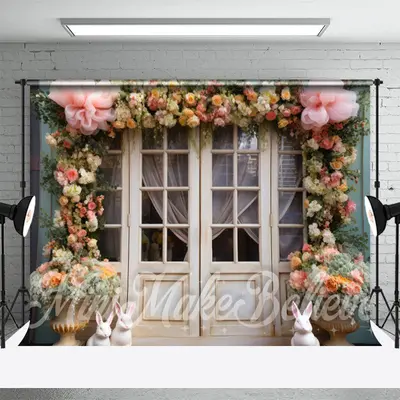 Colorful Floral White Door Rabbit Easter Backdrop - Aperturee
