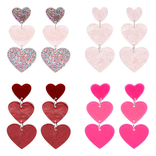 4 Pairs 4 Style Acrylic Heart Dangle Stud Earrings with 304 Stainless Steel Pins for Women