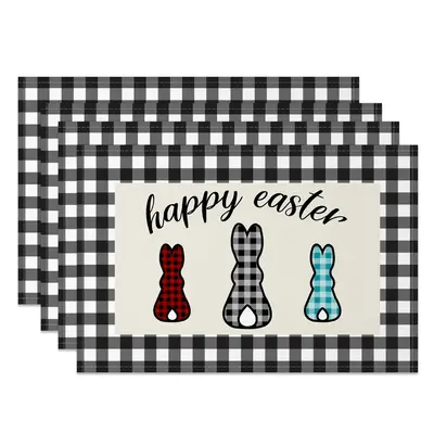 Aperturee Black White Plaid Bunny Easter Set Of 4 Placemats, 14x12 Inch, 15.8 USD, NYJY00422-S, placemats