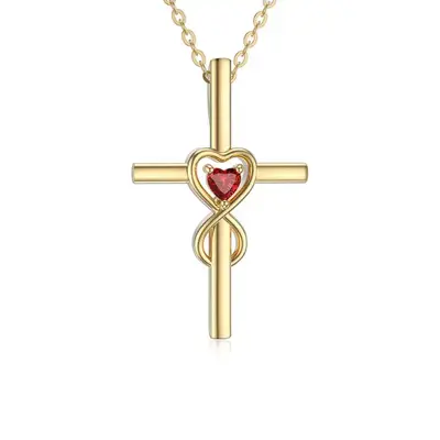 9K Gold Heart Cubic Zirconia Cross & Interlocking Hearts Pendant Necklace For Women