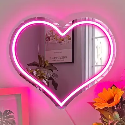 Heart Shaped Mirror Neon Sign, USB Powered LED Neon Sign, Creative Love Heart Dimmable Neon Light for Room, Wedding, Annivers...