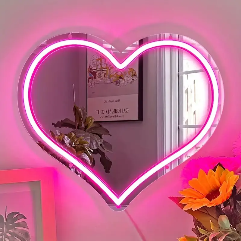 Heart Shaped Mirror Neon Sign, USB Powered LED Neon Sign, Creative Love Heart Dimmable Neon Light for Room, Wedding, Annivers...