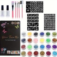 Glitter Temporary Tattoo Kit, 24 Color Glitter Tattoo Pigment with 2 Glue & 3 Template Paper, Body Art Makeup Kit for Stage P...