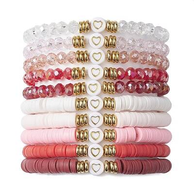 10Pcs Polymer Clay Disc & Glass & Brass Beaded Stretch Bracelets Set