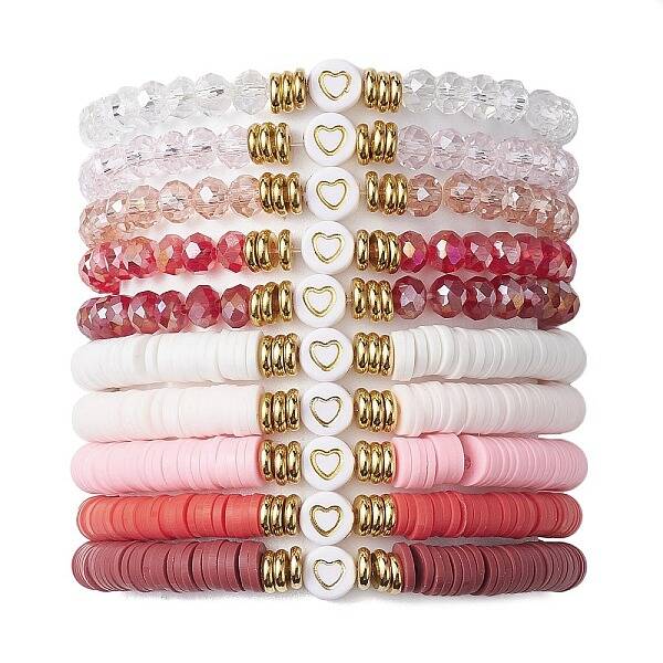 10Pcs Polymer Clay Disc & Glass & Brass Beaded Stretch Bracelets Set