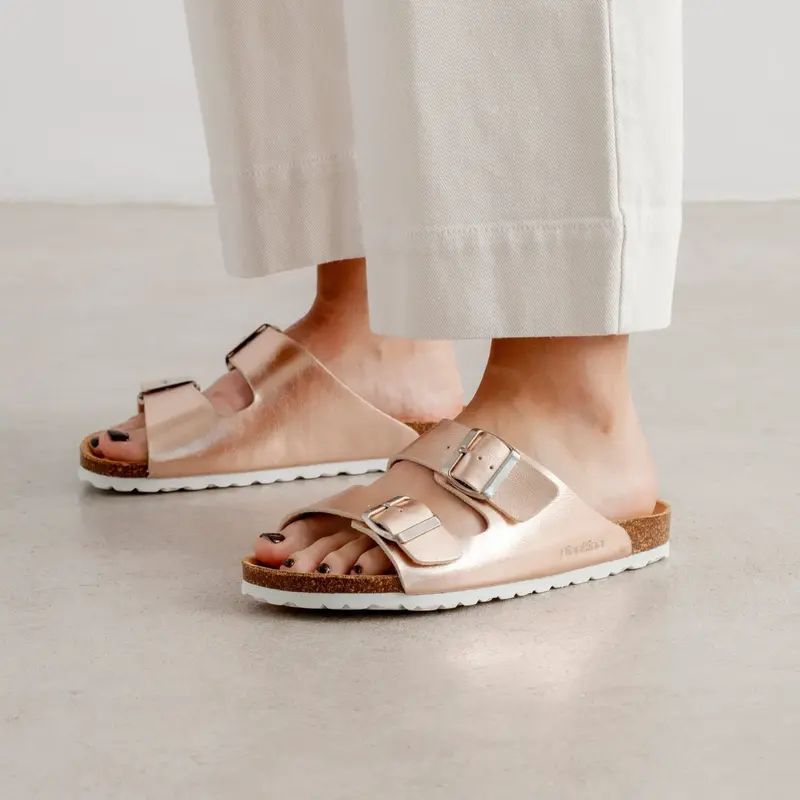 Marbella Vegan Leather Slip On Cork Sandal - Metallic Rose | Select Size: 6 US (37EU) | Color: Metallic Rose