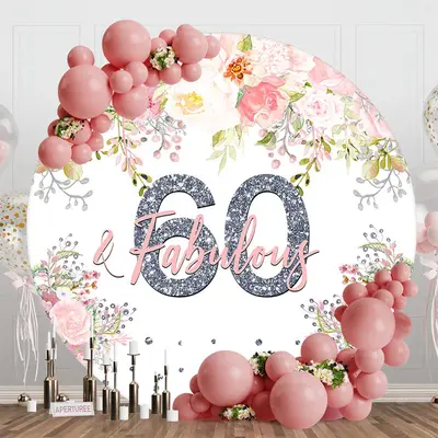 Aperturee Pink Floral Fabulous Round 60th Birthday Backdrop - Aperturee