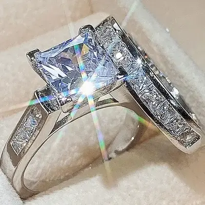 JJ CHIC Two-Piece Square Ring Set for Women, S925 Princess Cut Deluxe CZ Ring - Ideal for Engagement and Wedding Rings, Pers...