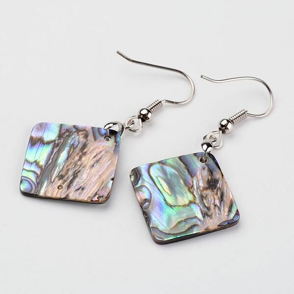 Rhombus Platinum Tone Brass Natural Paua Shell Dangle Earrings