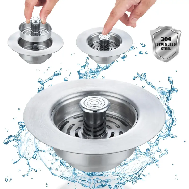 3-in-1 Kitchen Sink Drain Strainer Stopper, Stainless Steel Pop-up Kitchen Sink Stopper, Anti-clog Double Seal Kitchen Sink F...