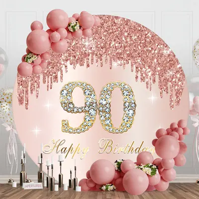 Rose Gold Glitter Round Happy 90th Birthday Backdrop
