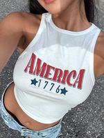 Women's Letter & Star Print Round Neck Tank Top, Casual Sleeveless Racer Back Top for Summer, Ladies Clothes for Daily Wear