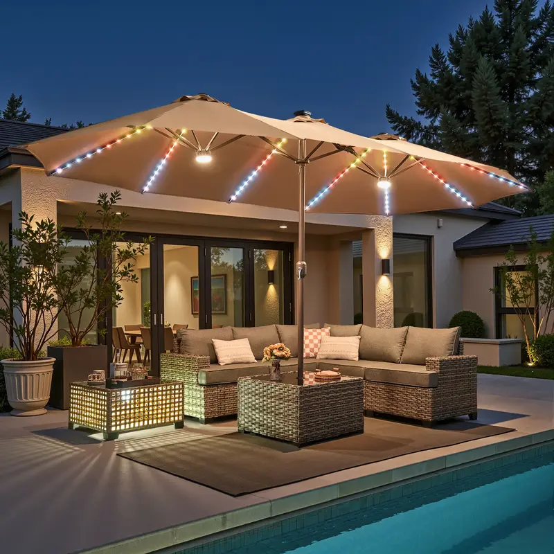 【Solar Lights Umbrella & Table】Ovios 15ft Double-Sided Patio Solar Lights Umbrella with 25\