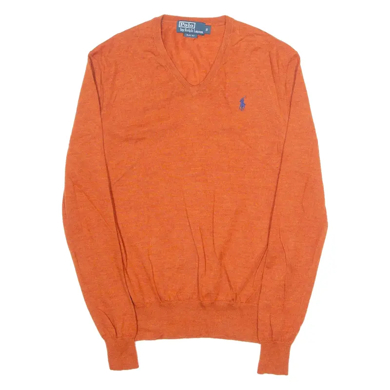 POLO RALPH LAUREN Slim Fit Mens Jumper Orange V-Neck Tight Knit S