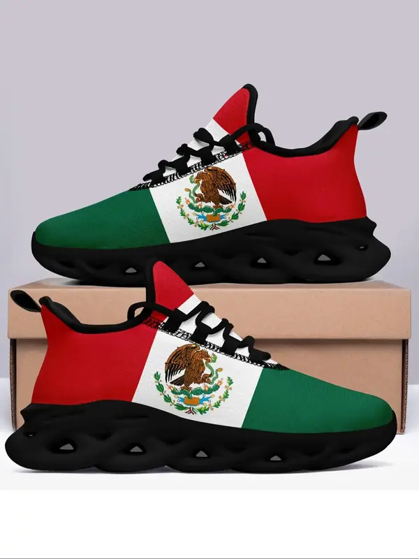Men's Mexico Animal Print Lace Up Low Top Sneakers, Casual Comfortable Blade Sole Breathable Sports Running Shoes, Fashionabl...