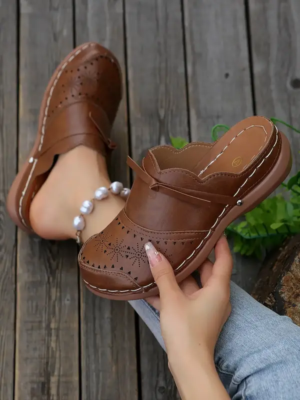 Women's Fashionable Solid Knot Front Hollow Out Design Slip on Flatform Shoes, Casual Comfortable Breathable Wedge Shoes, Fem...