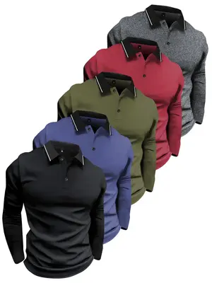 Men's Solid Long Sleeve Polo Shirt, Casual Regular Fit Button Front Top for Summer, Fashion Men's Clothes for Daily Wear