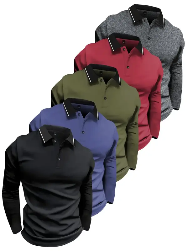 Men's Solid Long Sleeve Polo Shirt, Casual Regular Fit Button Front Top for Summer, Fashion Men's Clothes for Daily Wear