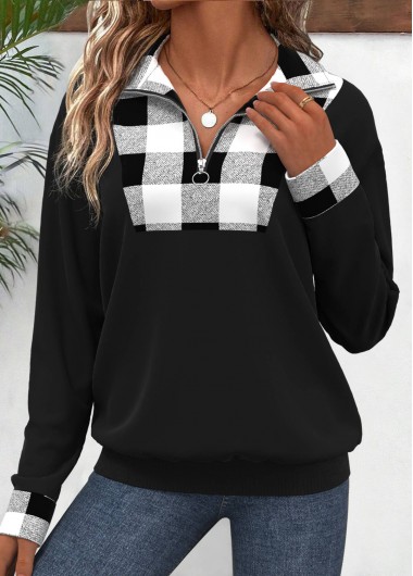 Modlily Black Patchwork Plaid Long Sleeve Turn Down Collar Sweatshirt - XL