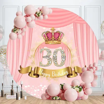 Aperturee Pink Crown And 30th Diamonds Round Birthday Backdrop